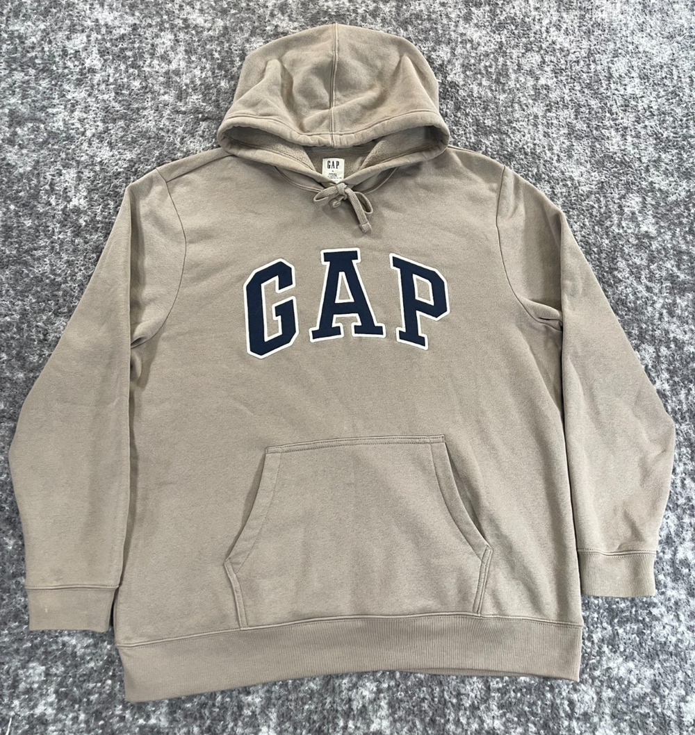 GAP Hoodie Mens XL Tan Navy Blue Arch Logo Pullover Fleece Sweatshirt